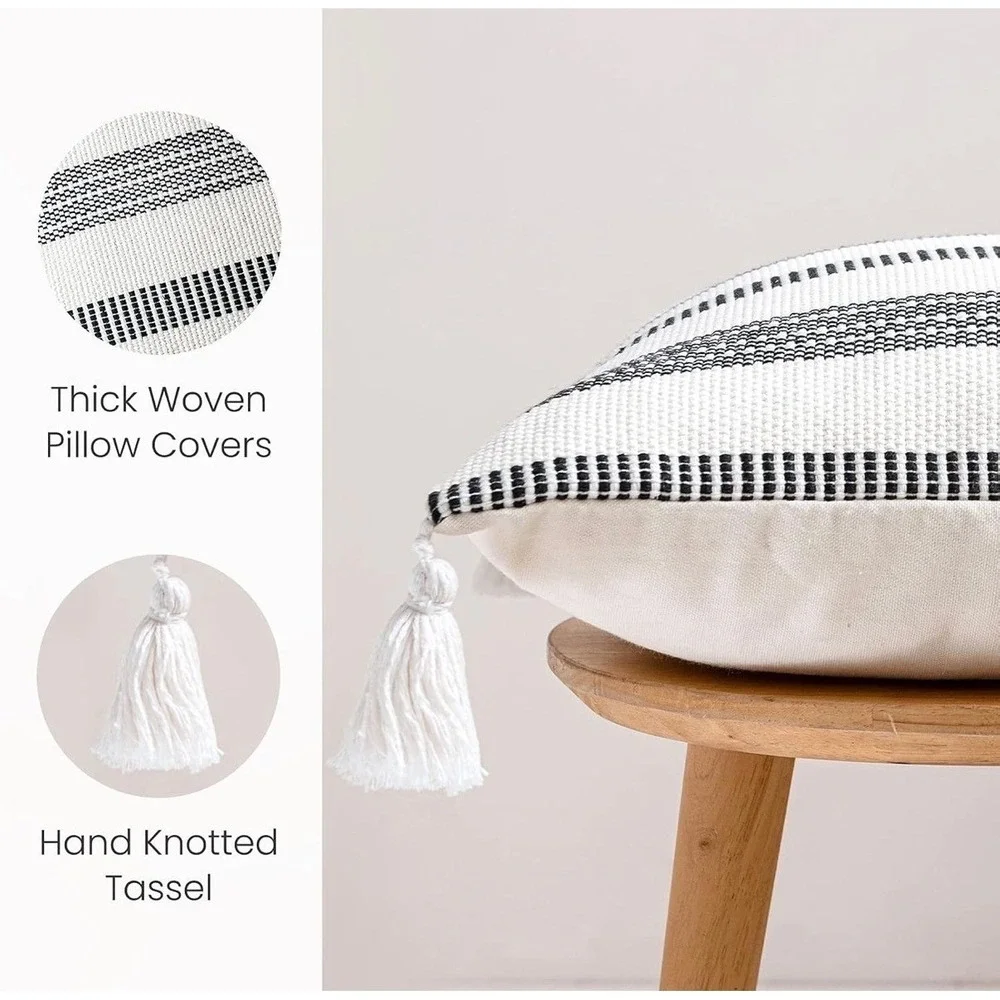 4 Piece Throw Pillow Covers Set Black White Faux Leather Velvet Boho Tassel‎